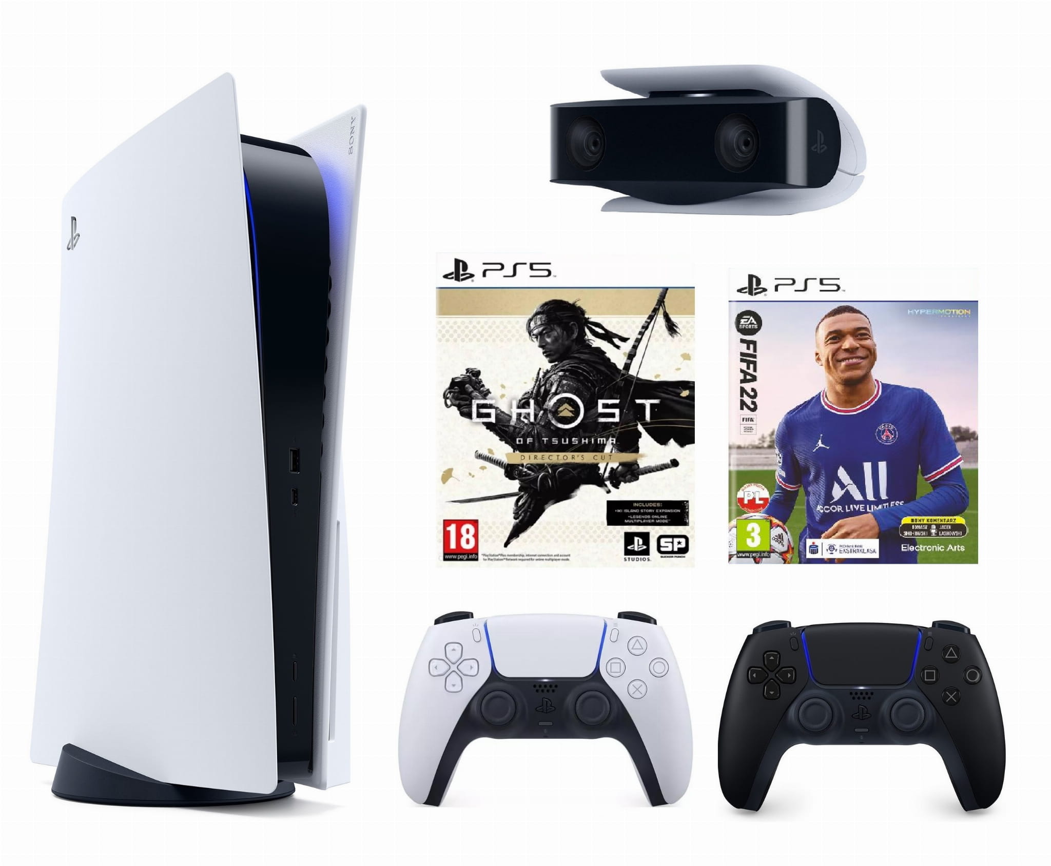 3278 Konsola Sony PlayStation 5 PS5 Zestaw 2 Kontrolery + HD Camera + FIFA 2022 + Ghost of Tsushima Director's Cut - obrazek 1